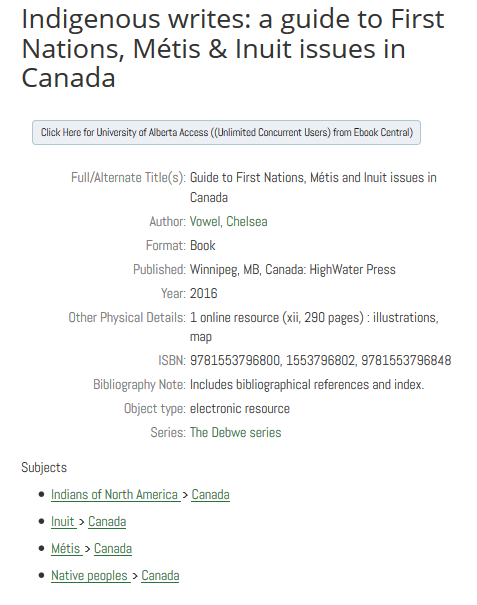 A screencapture of subject metadata of the book Indigenous Writes by Chelsea Vowel. Includes "Indians of North America - Canada"