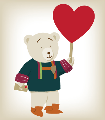 An illustrated bear in First Nations sweater and moccasins holding a heart balloon