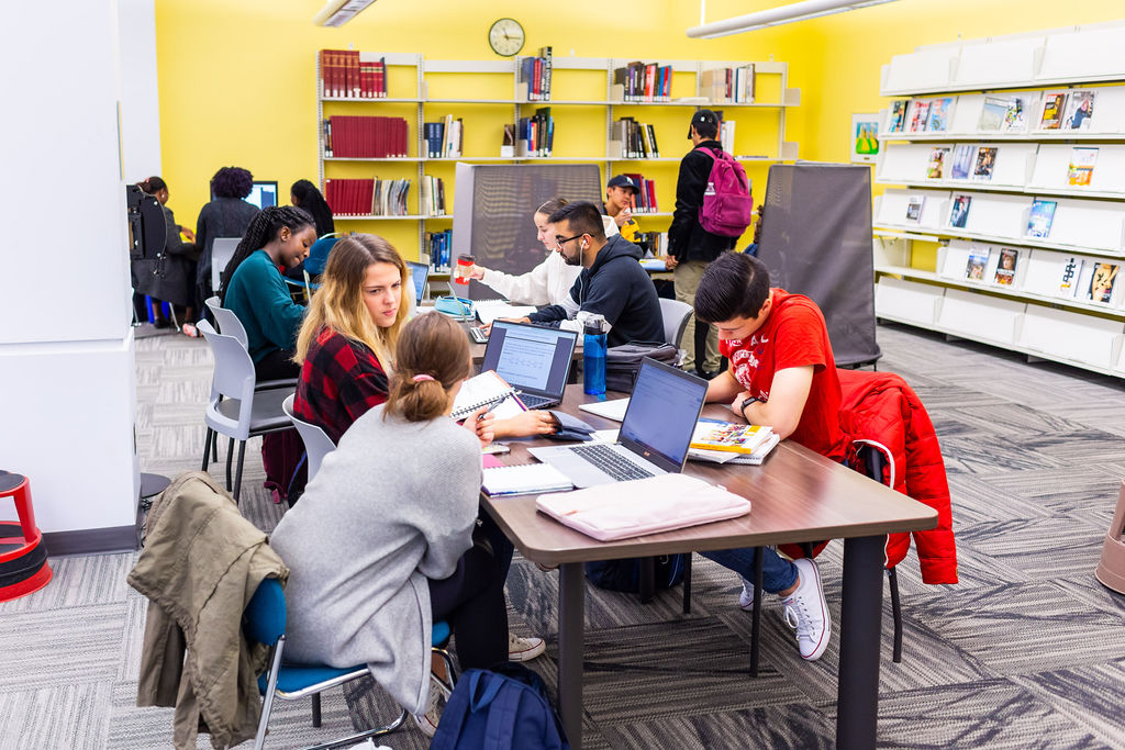 Students studying together in a common area of the library