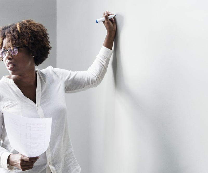 Teacher about to write on a whiteboard, looking backwards towards the class.