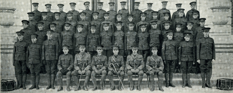 Four rows of soldiers stand on the steps in front of a University of Alberta building, facing the camera.