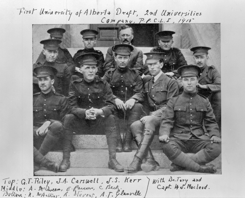 Photo of first University of Alberta draft with hand writing around the photo. Hand writing reads top: G.T. Riley, J.A. Carswell, J.S. Kerr middle: A. McQueen, E. Parcov, C. Beck Bottom: A. McArthur, R. Stevens, A.T. Glanville with Dr. Tory and Capt. H.S. Maclead.