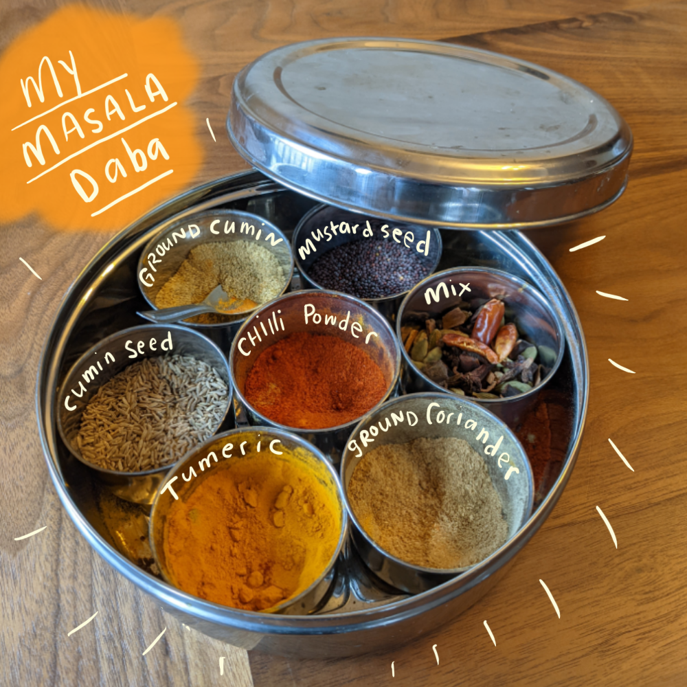 A photo of a masala daba tin that holds common Indian spices that eases cooking. The tin is labled with the following: cumin seed, tumeric, chilli powder, ground cumin, mustard seed, spice mix, ground coriander.