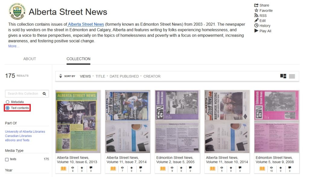 Screencapture of Alberta Street News collection homepage, highlighting "Test contents" search.