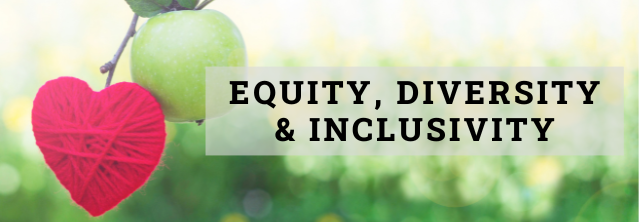 A green apple and a woven red heart hang off a branch to the left of the graphic with a blurred green background. Equity, Diversity & Inclusivity are written in black and sits in the middle of the right 2/3 of the graphic.