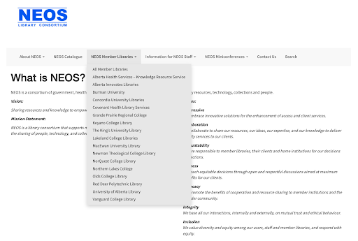 A screenshot of the NEOS website's 'about' page.