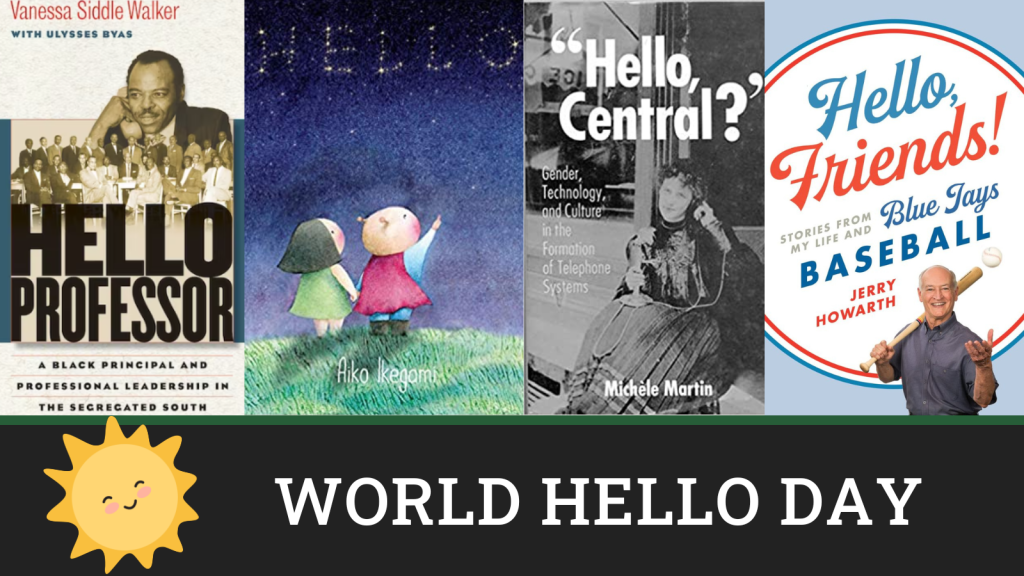 'World Hello Day' with book covers for four books whose titles begin with 'Hello'.