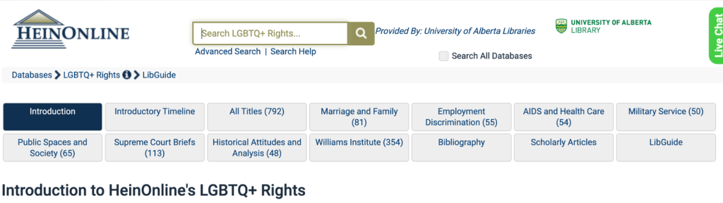 HeinOnline's LGBTQ+ Rights database landing page with pre-set topic buttons.