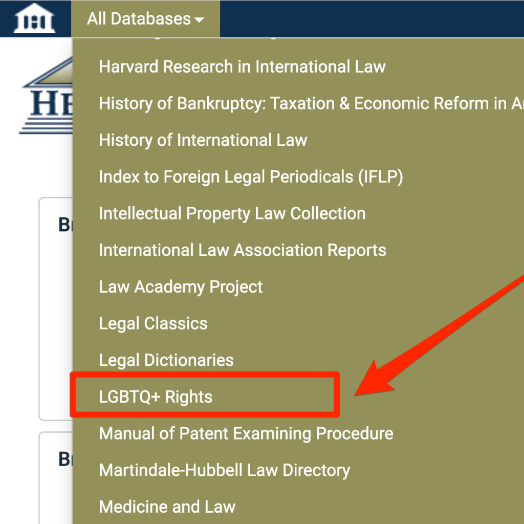 A screenshot of HeinOnline's database drop-down menu with LGBTQ+ Rights selected