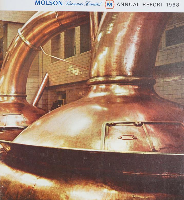 Photo of a copper kettle used for beer brewing, feature don the cover of Molson Breweries' 1968 Annual Report.